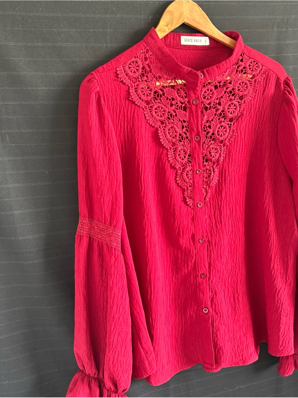 Grace Karin Womens Plus Red Long Puff Sleeve Lace Detail Blouse Shirt Top 2XL - Picture 3 of 13